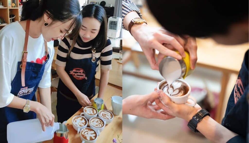 นักเรียนฝึกชงกาแฟดริปและ Batchbrew ในห้องเรียน Topcoff